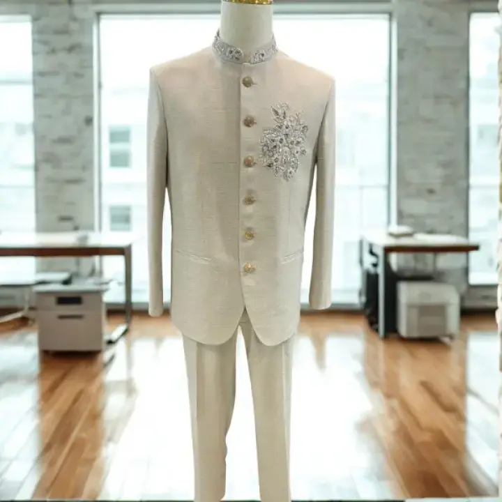 Men’s Premium Beige Nehru Jacket – Slim Fit with Zardozi Work with Pant